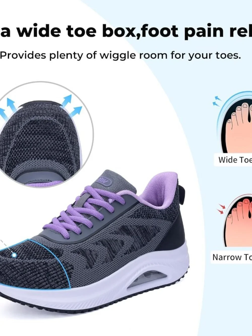 Women's Grey Purple Arch Support Walking Shoes Plantar Fascistic Sneakers